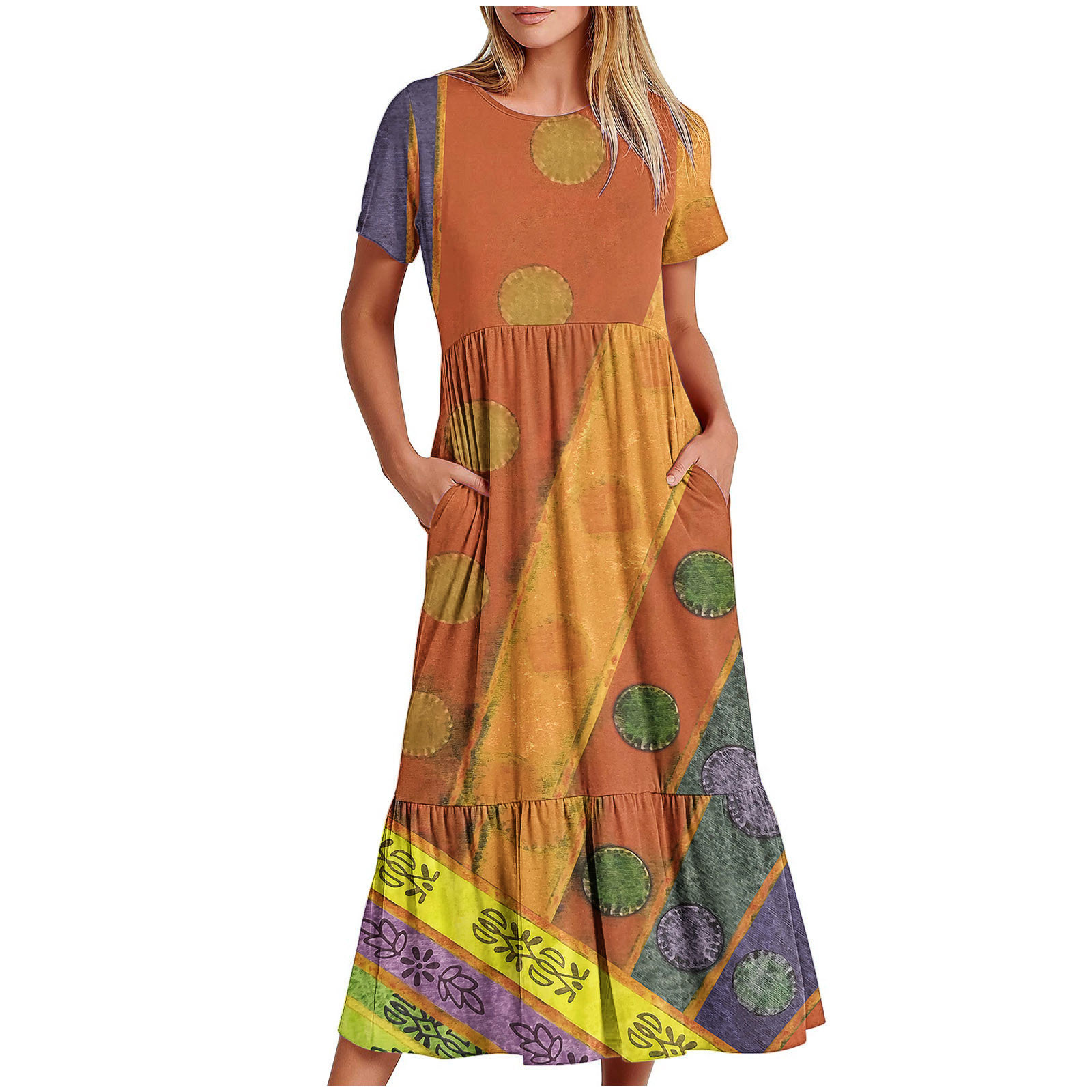 pimelu Dresses for Women Cocktail Dresses for Women Vintage Western Graphics Pleated Swing Tunic Maxi Dress with Pocket Summer Casual Ethnic Style Print Short Sleeve Crewneck Ladies Long Sundresses